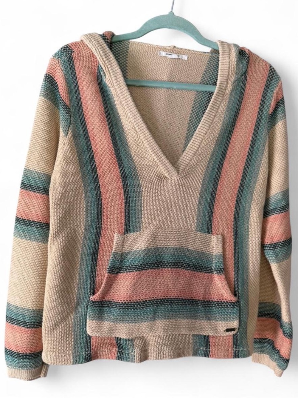 O'Neill Knitted Striped Hooded Sweater in Cream, Dusty Pink & Teal